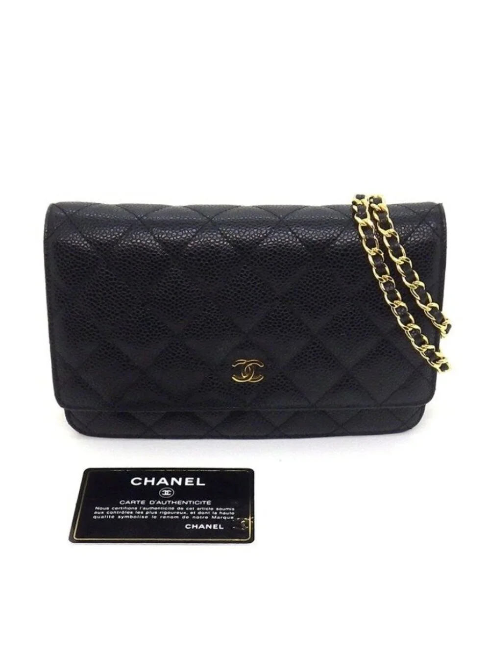 Chanel Shoulder Bag Quilted Classic Chain Wallet Black Caviar Leather Gold